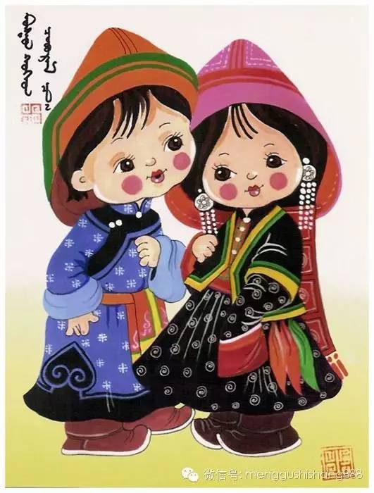 蒙古族卡通萌娃情侣图,太可爱了