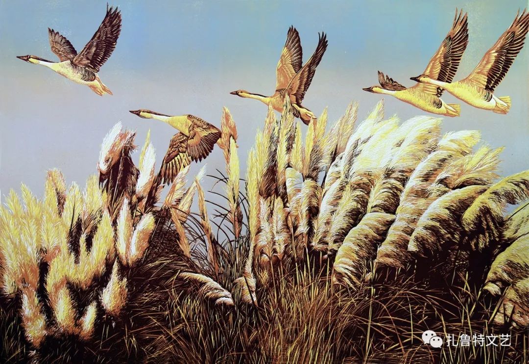 《鸿雁飞过芦苇荡》套色木刻   63x90cm2015年《听风》套色木刻