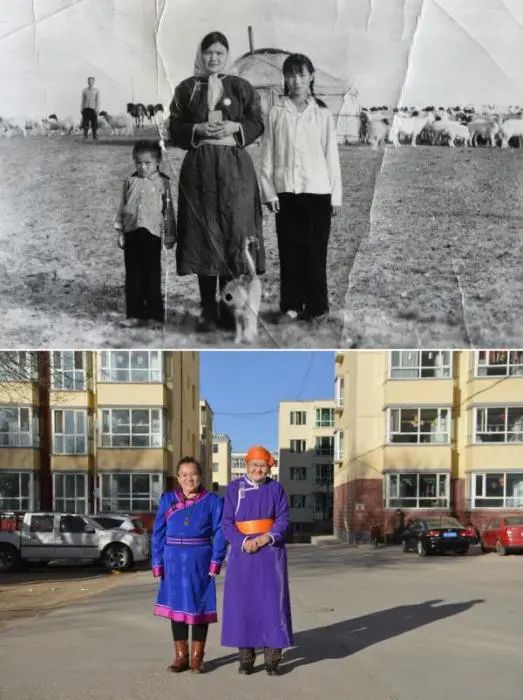 这是一张拼版照片,上图为:在内蒙古四子王旗脑木更苏木乌兰希热嘎查,都贵玛(中)和女儿查干朝鲁(左)在她们居住的蒙古包前合影(都贵玛提供);下图为:2018年,在内蒙古四子王旗乌兰花镇,76岁的都贵玛(右)和女儿查干朝鲁(左)在自家楼下合影。新华社记者邹予摄