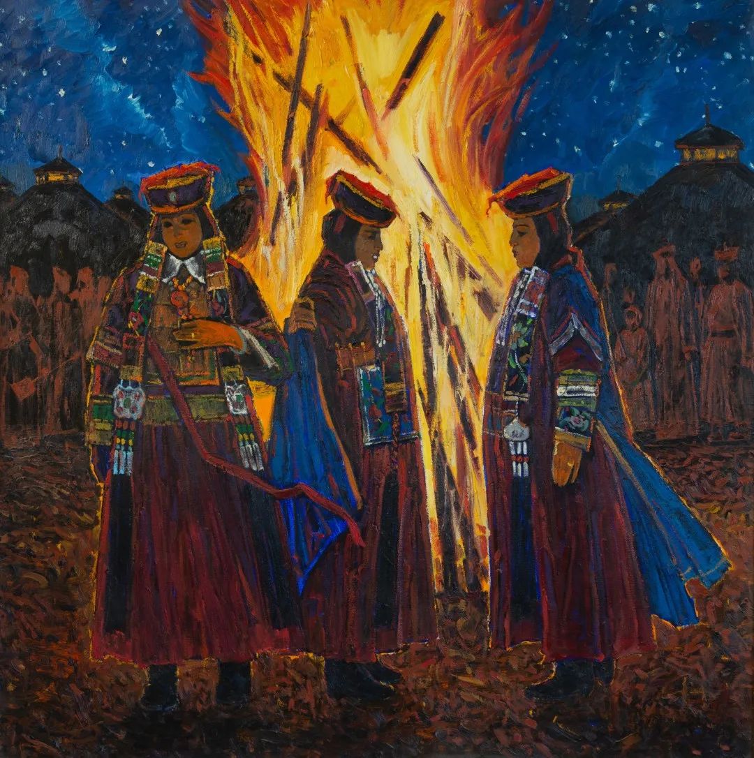 105.孟克巴依尔《盛会盛装系列-那达慕篝火》 140x140cm 2022年.jpg