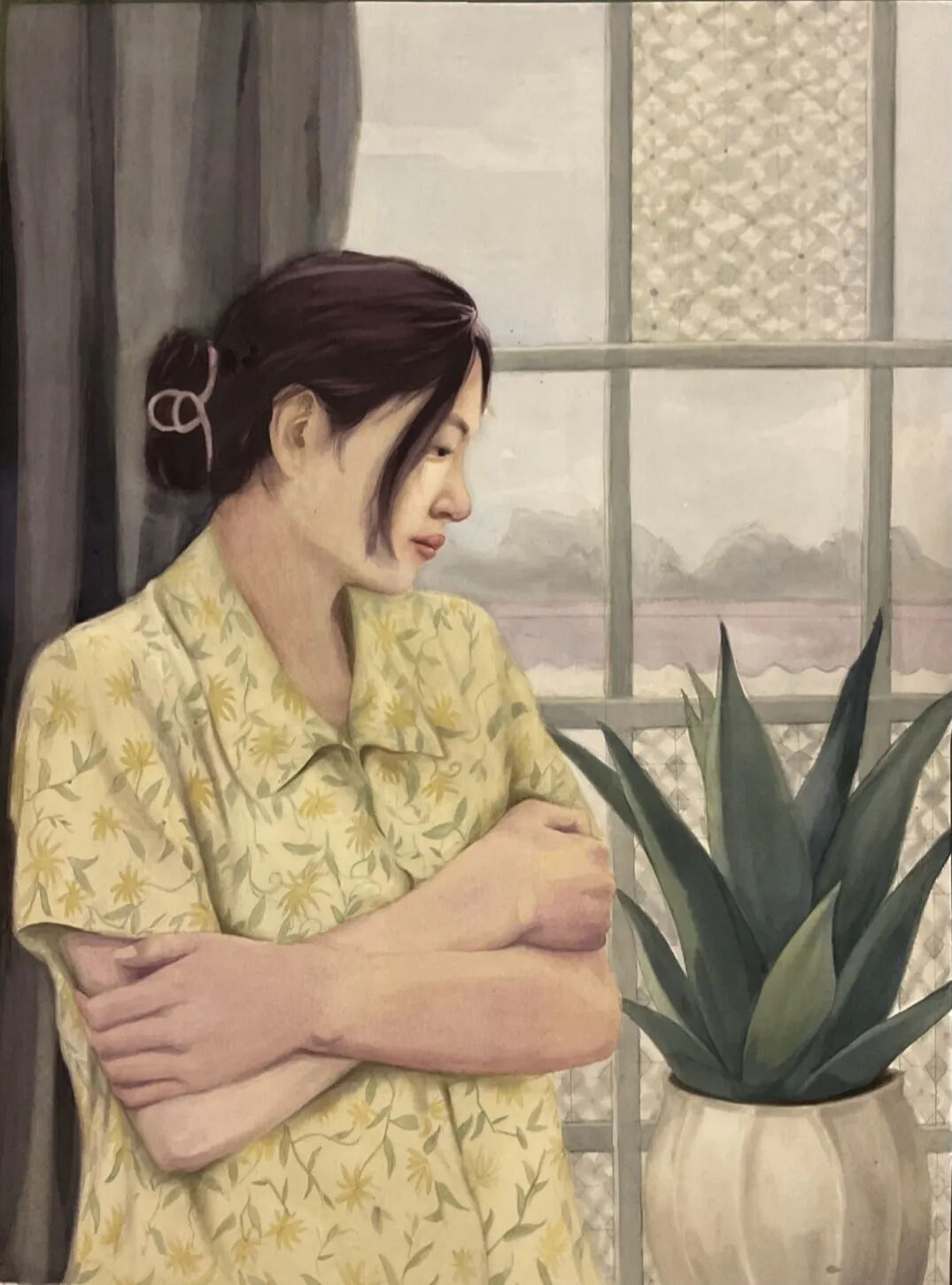 张彩霞《窗边思绪》78×109cm纸本水彩.jpg