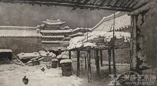 《雪盈古寺》铜版版画 2015年